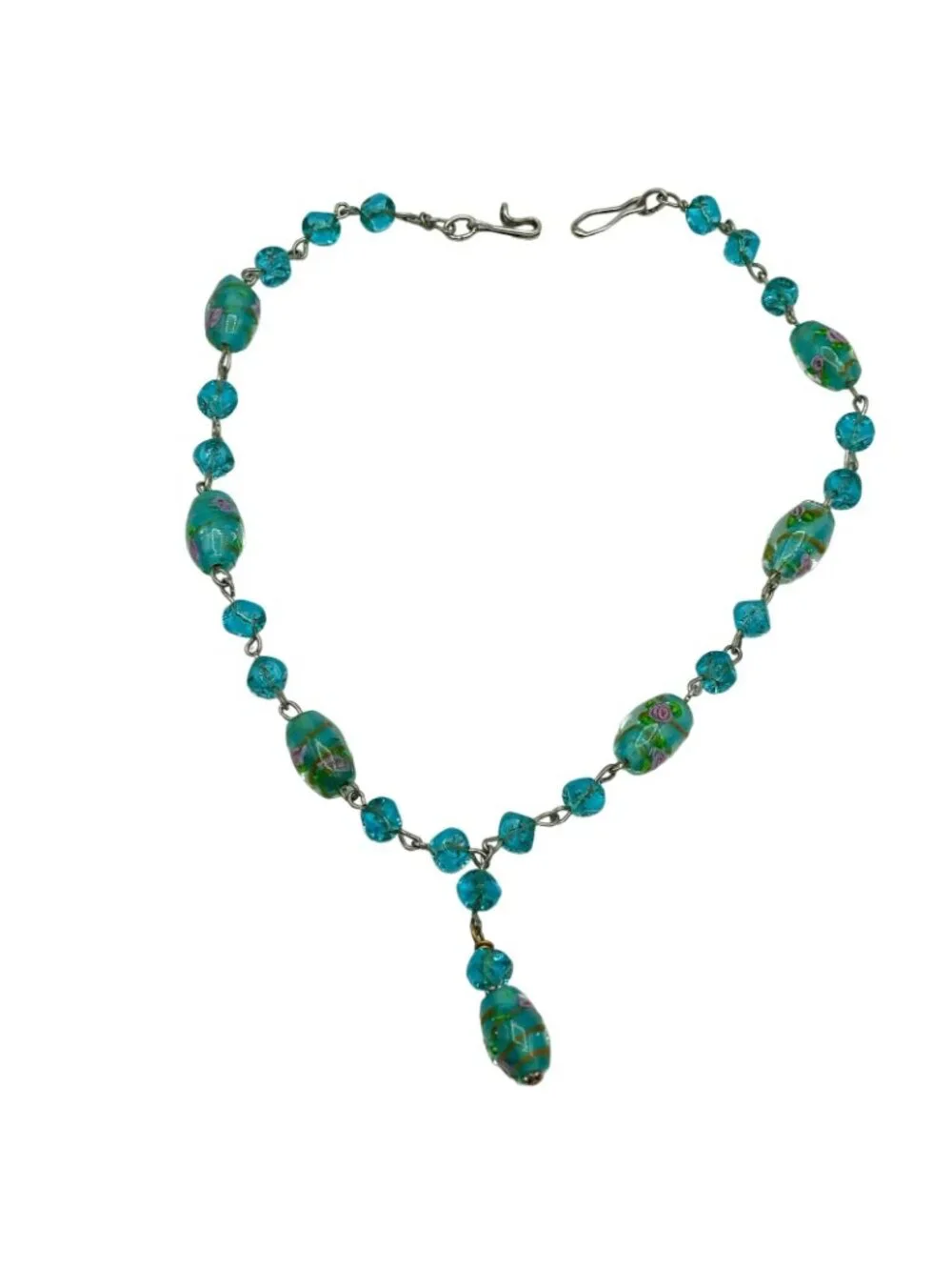 Handmade Glass Bead Lavalier Necklace Teal Gold Pink Rose Sterling Vintage 1950s - Picture 4 of 13